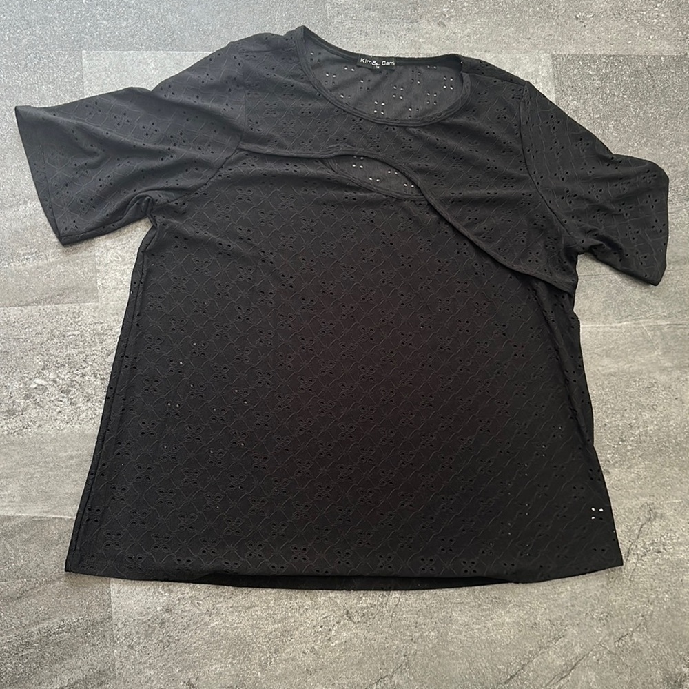 Kim &Cami black blouse with lace detailing, also abstract cut out on the front